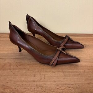 PRADA Antiqued Leather Pumps Cocoa Brown Women Size 35.5 Pointed Toe Kitten Heel